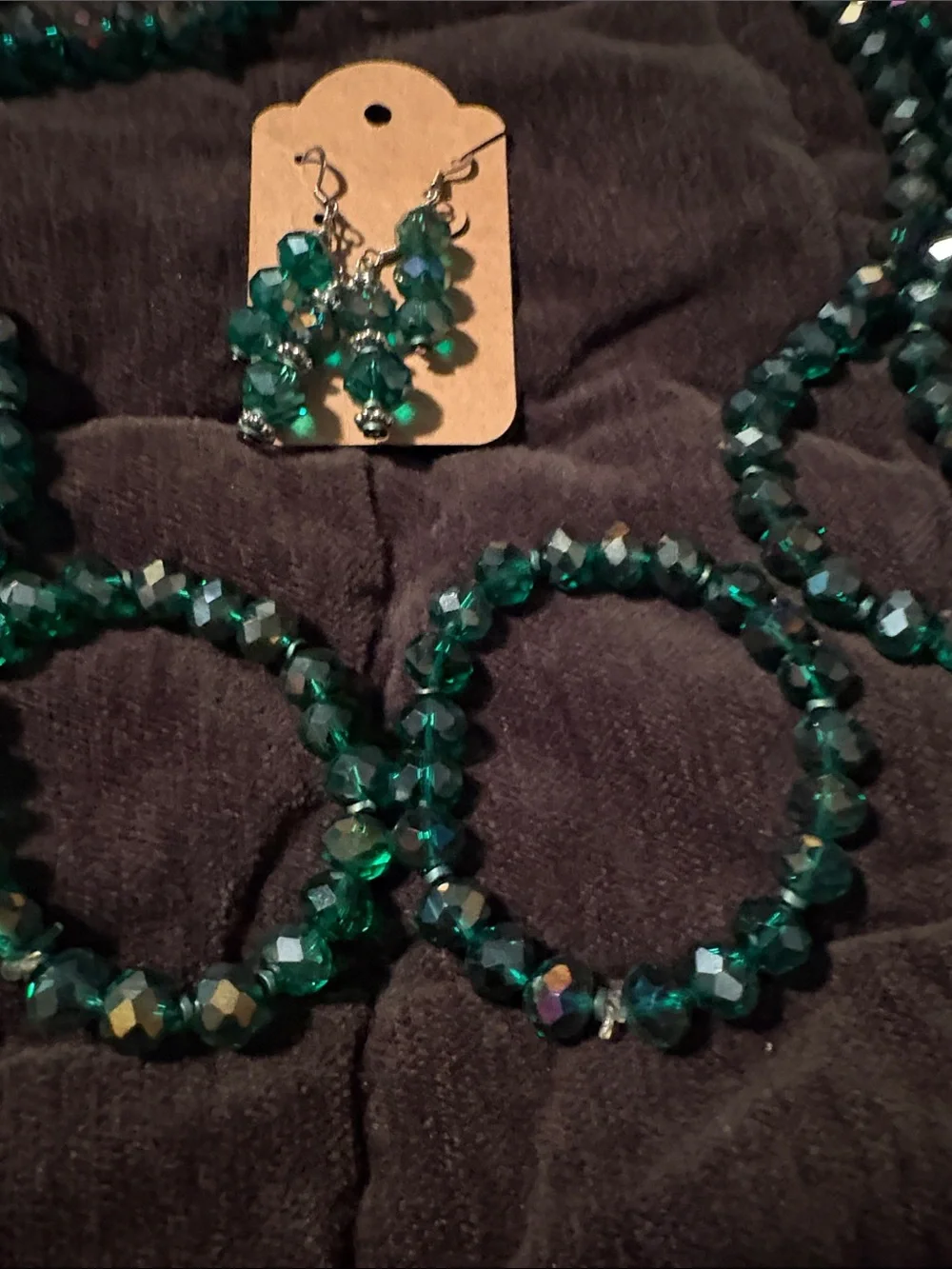 Handmade Emerald Green Faux Crystal Necklace, 2 Earring Sets & Bracelets